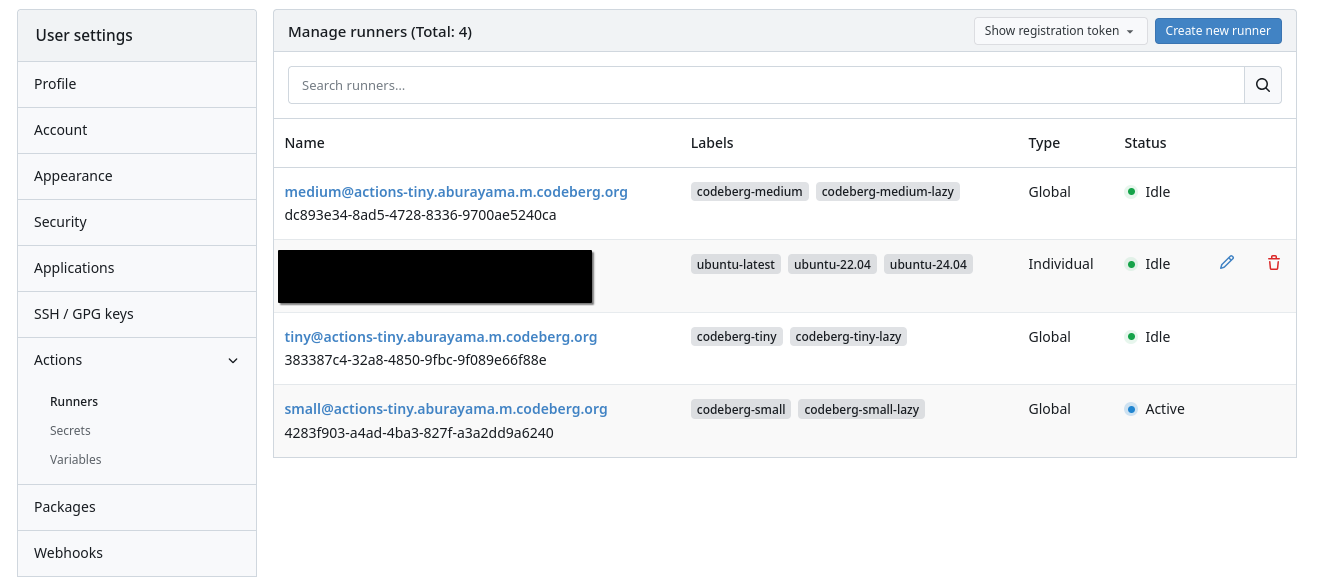 Codeberg create new runner dialog