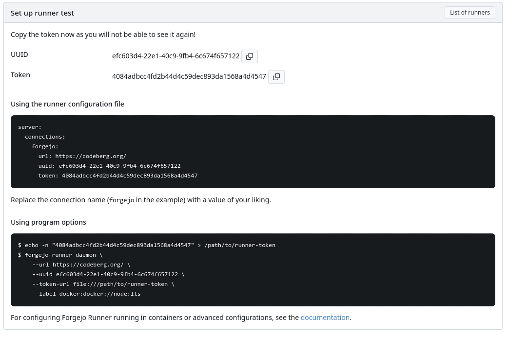 Codeberg runner config block